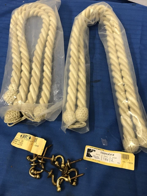 CURTAIN TIE BACKS ~ PAIR of 2 PIECES ~ ROPE TWIST WHITE 2mt &8 Brass Wall Hooks