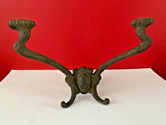 ANTIQUE LARGE 7" CAST IRON DOUBLE COAT HAT HOOK Victorian Eastlake Art Nouveau