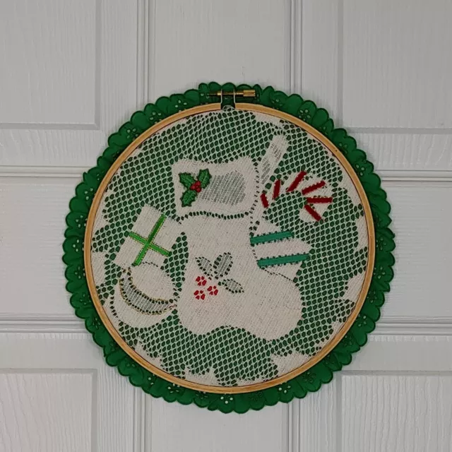 Vintage Christmas Lace Wall Decor Stocking Embroidery Hoop Candy Cane