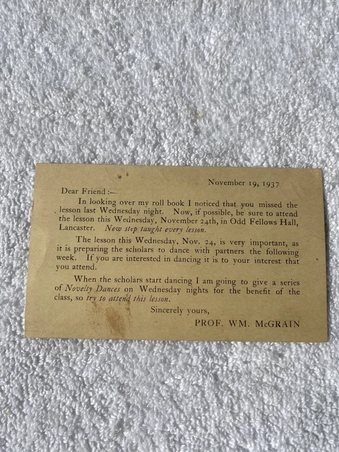 Vintage Dance Class Reminder Postcard Dated 1937 Allentown, PA