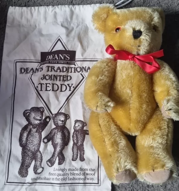 Dean's London Vintage Golden Mohair Jointed Teddy Bear 12" In Drawstring Bag 2