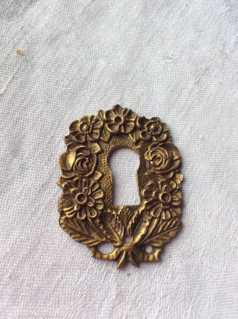 French Antique Brass Key Hole Cover Surround Gilded Gold Floral Swag Escutcheon 2