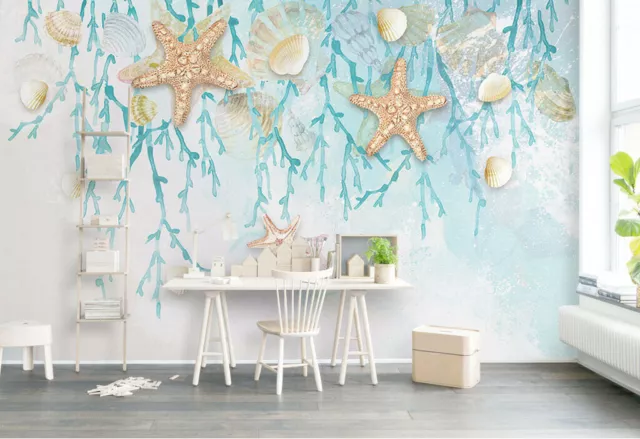 Watercolor Seashell Starfish Wallpaper Self-Adhesive Removable Wall Paper Mural