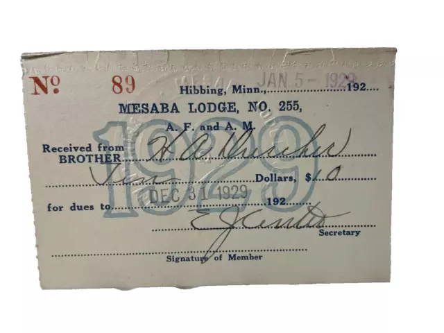 Masonic Mesaba Grand Lodge Membership Card 1929 Seal A.F. and A.M. Embossed