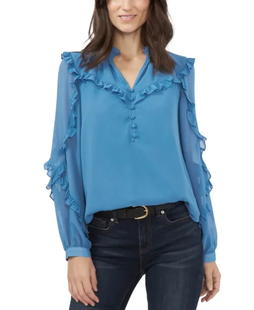 VINCE CAMUTO Ruffled-Sleeve Blouse Blue Size S MSRP $89