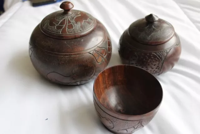 Two Vintage African hardwood lidded hand carved bowls & hand carved Cup 5",4",3"