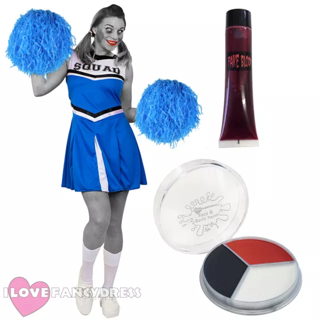 Blue Zombie Cheerleader Costume With Pom Poms Ladies Halloween Fancy Dress