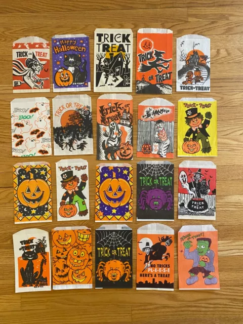 Lot of 20 Vintage Trick or Treat Candy Bags Goodie Halloween Skull Pumpkin Cat