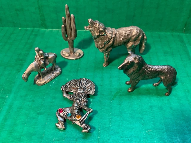 PEWTER (5) FIGURE LOT (Wolf-Dog-Catuss-Indian on Hourse-Warrior)
