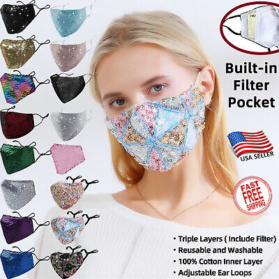 Reusable Face mask with FILTER Sequin Sparkle Glitter Bling Fashion Party Gift