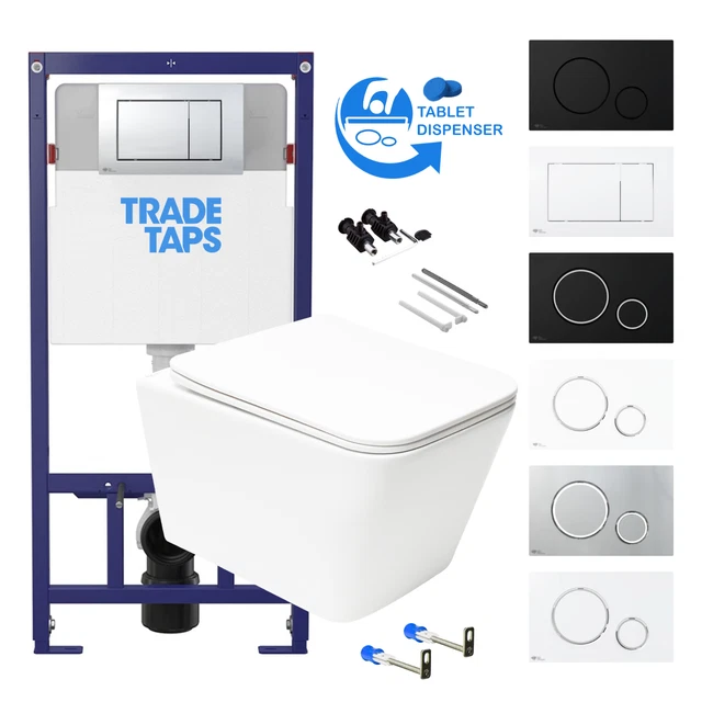 WHITE SQUARE RIMLESS Wall Hung Toilet Pan & 1.12m Concealed WC Cistern