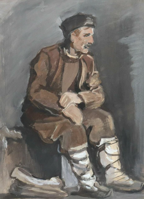 Antique realist gouache painting old man portrait