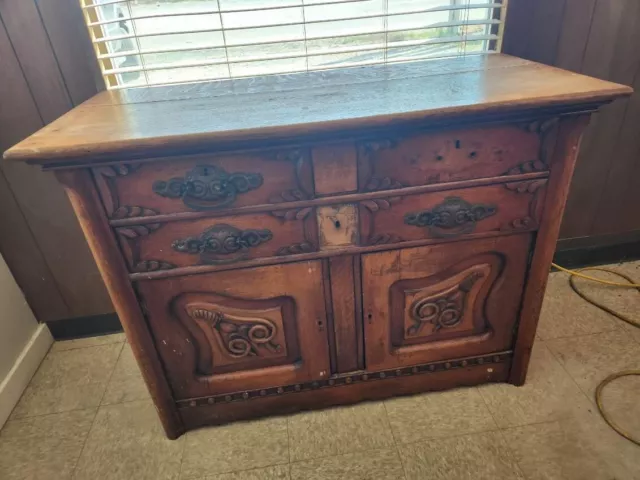 Antique Solid Oak Ornate Buffet Cabinet Storage 48 x 22 x 36
