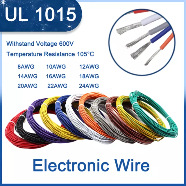 UL1015 Hook-Up Electronic Wire Tinned Copper PVC Strand Cable 8/12/16/20~24AWG