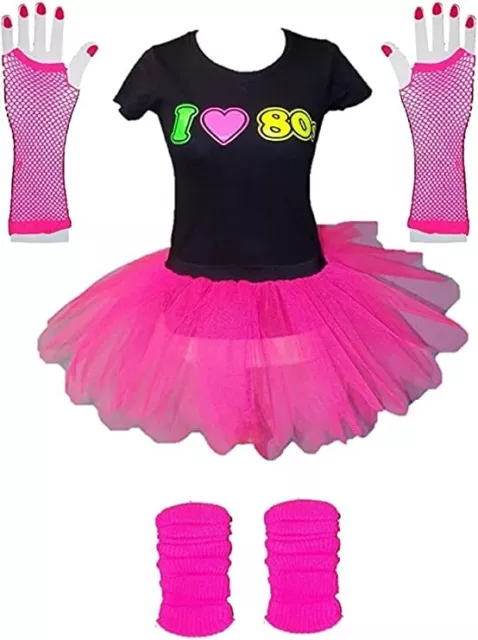 LADIES TUTU T-SHIRT GLOVES LEG WARMER 80s FANCY DRESS SET COSTUME NEON FESTIVAL 2