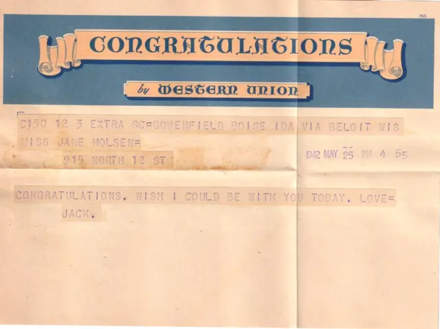 Western Union Congratulations Telegram  & Envelope 1942, Graduation Beloit Wisc.