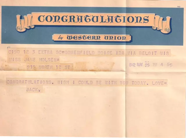 Western Union Congratulations Telegram  & Envelope 1942, Graduation Beloit Wisc.