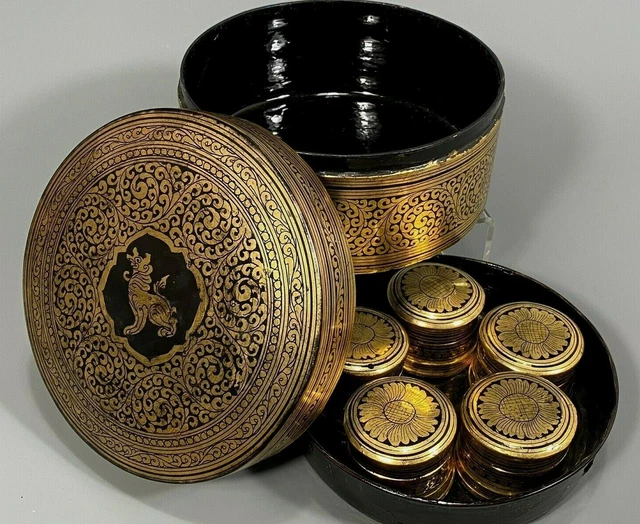 Fine Rare Burma Burmese Black Lacquer & gilt six piece Betel Nut Box ca. 1950's
