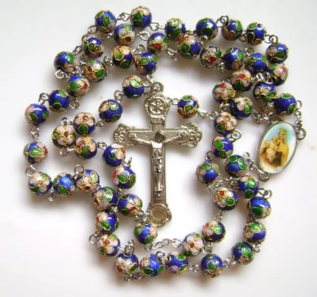 Rare Blue Cloisonne Rose Beads Rosary & Cross Crucifix Catholic Necklace