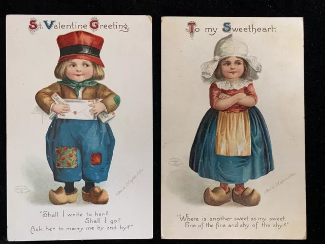 Pair of signed Ellen Clapsaddle Vintage Valentine postcards, Dutch children