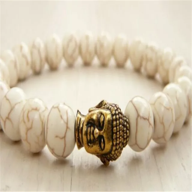 8mm Howlite Gemstone Buddha head Mala Bracelet Healing Buddhism Bead Unisex