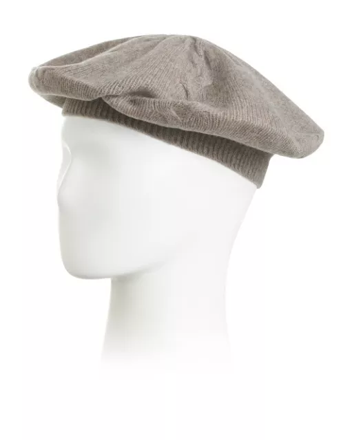 NWT Portolano 100% Cashmere Cable-Knit Beret Light Gray/Brown One size