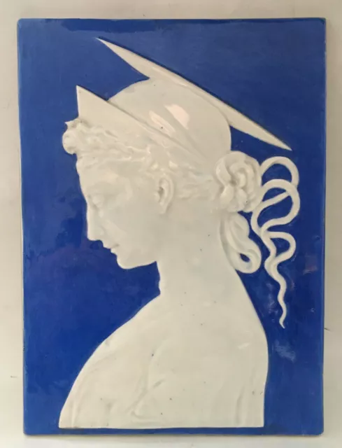 ° VEry rare BLUE awesome Art Nouveau Tile Profile of female St. CECILIA singer