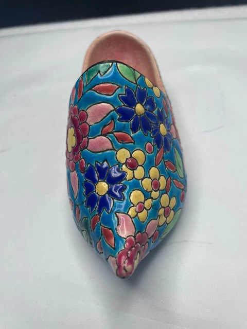 Antique French Emaux De Longwy Porcelain Enameled Wall Pocket Shoe Vase