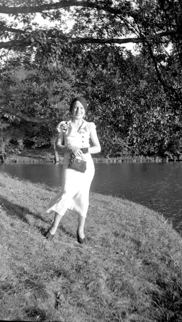 Women's White Dress Standing in a Pond Park - Antique Photo Negative Year. 1920 30