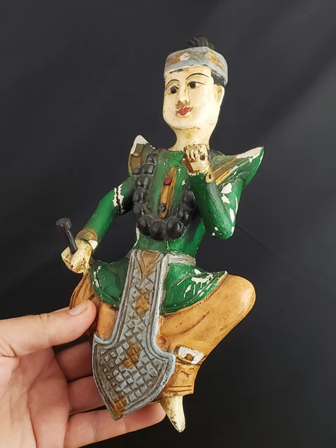 Vintage BURMESE THAI Musician Figure Hand Carved & Painted Wood Wall Hanging 11" 7