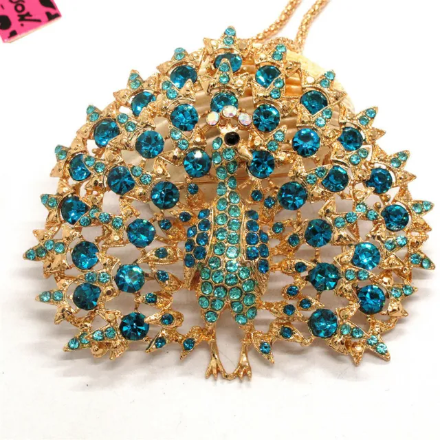 Hot Blue Crystal Bling Peacock Animal Pendant Betsey Johnson Chain Necklace 2