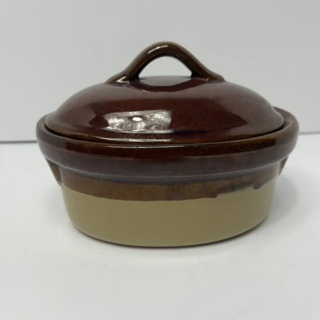 Vintage Brown Tan Casserole Small Oval Lidded Baking Dish Ceramic