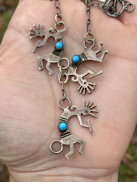 Vtg~Sterling~Silver~Turquoise~Hand-Wrought~Navajo~Tumbling~Kokapellis~Necklace