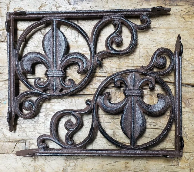 2 Cast Iron Antique Style Fleur De Lis Brackets, Garden Braces Shelf Bracket