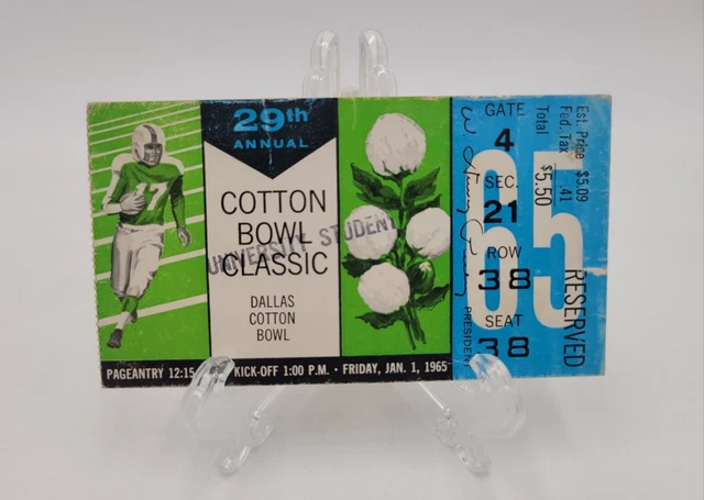 1965 Cotton Bowl Ticket Stub Nebraska Arkansas Razorbacks 1964 Nat'l Champions
