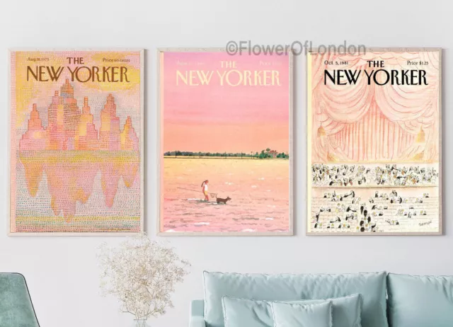 Set of 3 New Yorker Prints Posters Vintage Magazine Cover Summer Pink Giclée