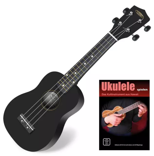 Schwarze Sopran-Ukulele im Set mit Schule mit Playalongs und Online-Videos