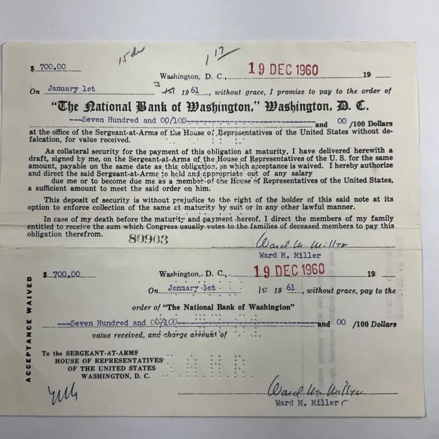 1961 U.S. House of Representatives Security Deposit Receipt - Rep. Ward Miller