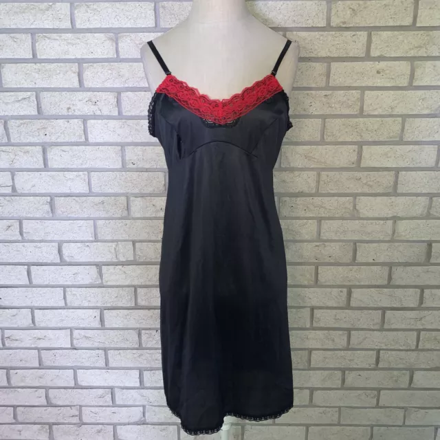 Vintage Adonna For JCPenny Black Opaque Nylon & Red Scalloped Slip Dress 36 Bust