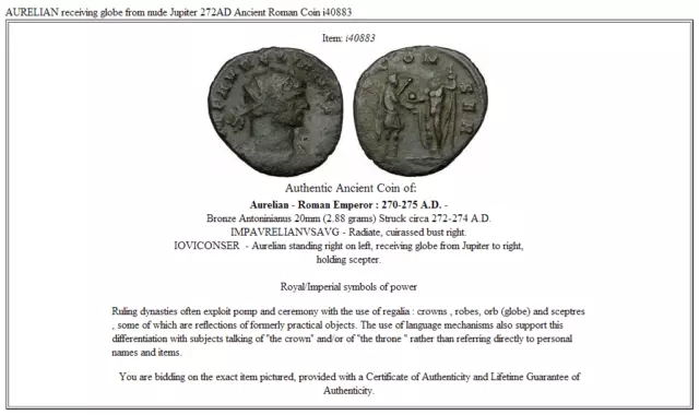 AURELIAN receiving globe from nude Jupiter 272AD  Ancient Roman Coin  i40883 3