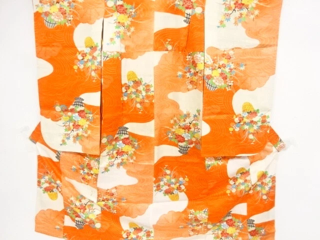 38815# Japanese Kimono / Antique Kimono For Girls / Stream & Flower Basket