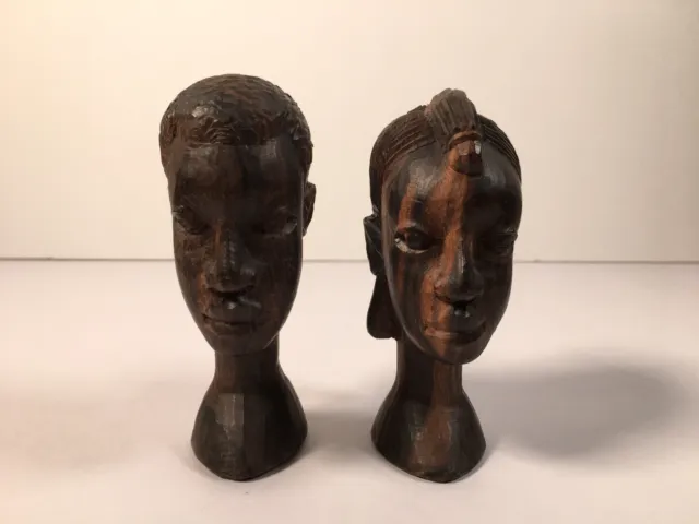Pair of Small Wooden Hand Carved African Tribal Heads - Man & Woman 10.5cm Tall