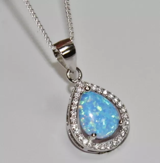 Sterling Silver Blue Opal Teardrop Pendant Necklace - Choice of Chain