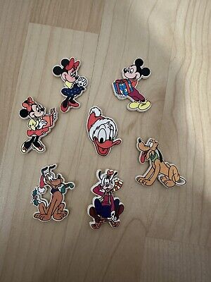 Vintage Disney  Set of 7 Plastic Pin Badges Mickey Mouse And Friends Christmas