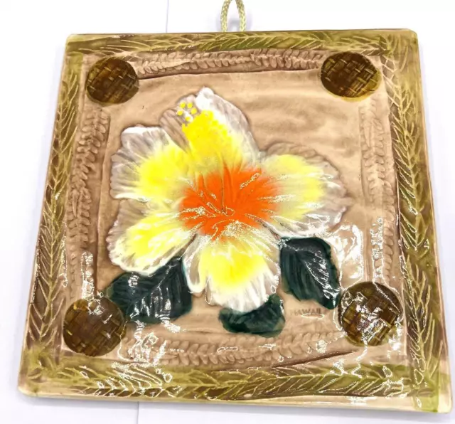 Vintage Handmade Kani OF Hawaii KONA HAWAII Ceramic Floral Design Tile Trivet 8"