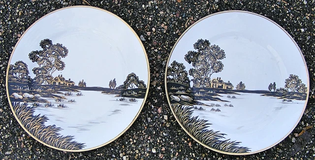Antique Nippon & Morimura HP 2 Salad Porcelain Plates Silhouettes Black & Gold