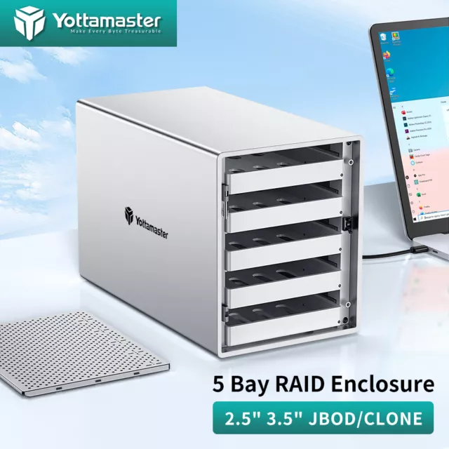 Yottamaster 5 Bay RAID Typ C HDD-Gehäuse für 2,5" 3,5" Festplatten, 7 Raid-Modus