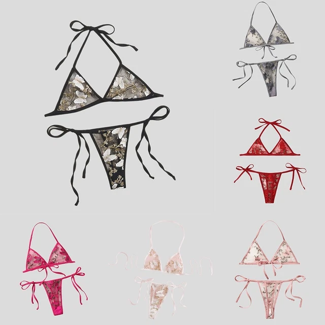 Set Costumi da Notte Pizzo Trasparente Ricamato Sfoderato Lingerie Floreali