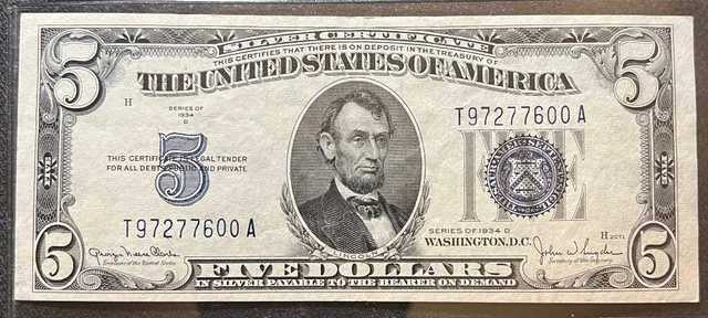Series Of 1934 D $5 Silver Certificate T9727600A Au Center Crease