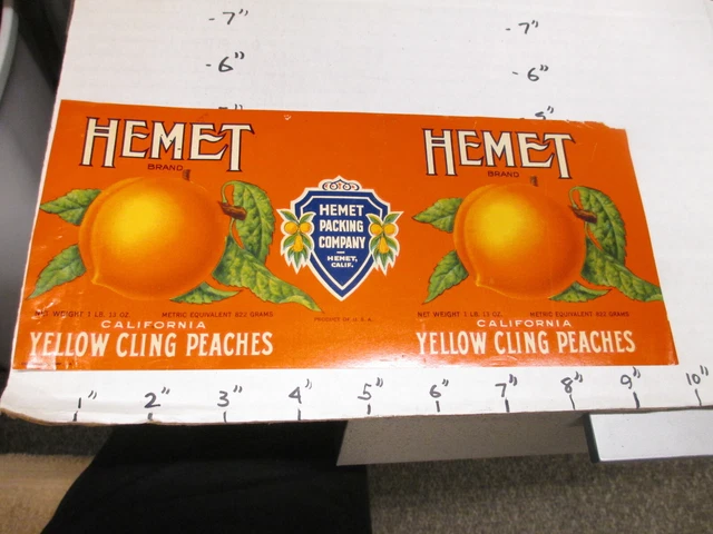 HEMET California yellow cling peach fruit 1930s metal tin can food paper label